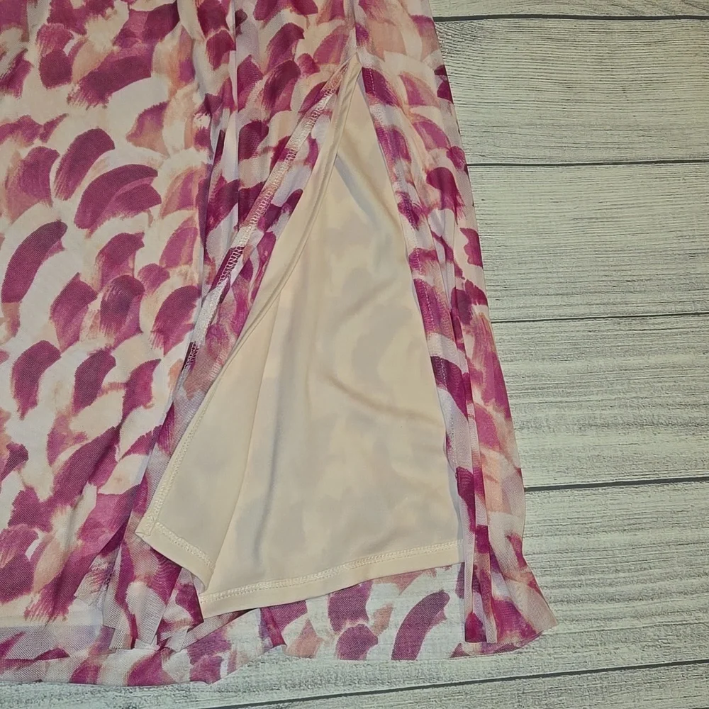Halogen Printed Mesh Maxi Skirt w/ Side Slits Pink/Purple/Cream Size 1X NWOT